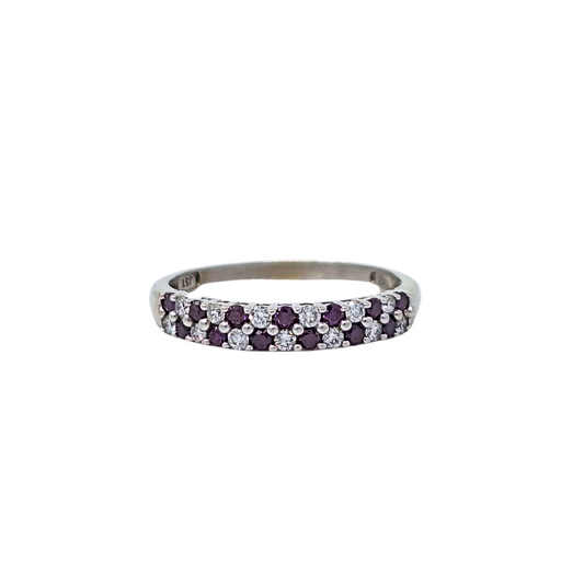 14ct White Gold Amethyst & Diamond Two Row Band Ring