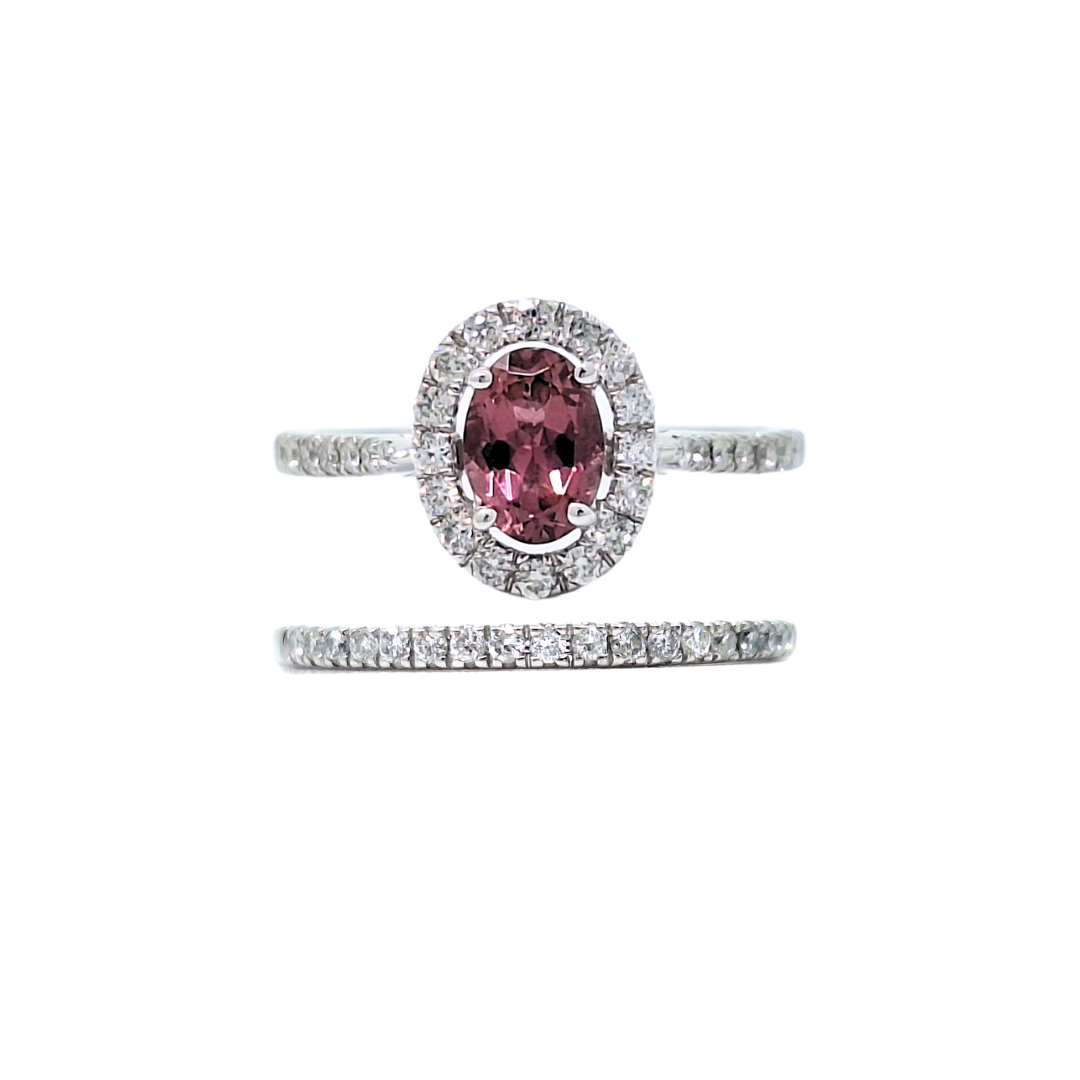 10ct White Gold Pink Tourmaline & Diamond Halo Ring & Diamond Eternity Ring