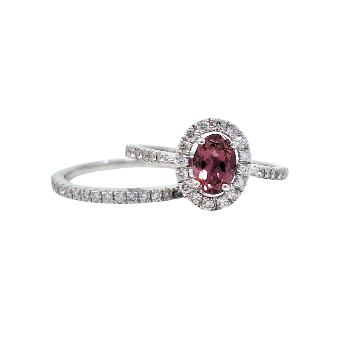 10ct White Gold Pink Tourmaline & Diamond Halo Ring & Diamond Eternity Ring
