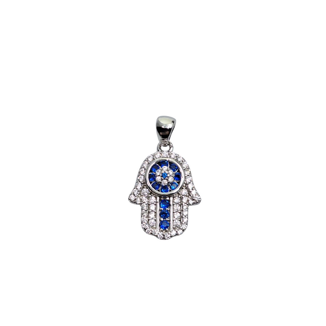 Silver Blue & White Cubic Zirconia Hamsa Hand Pendant