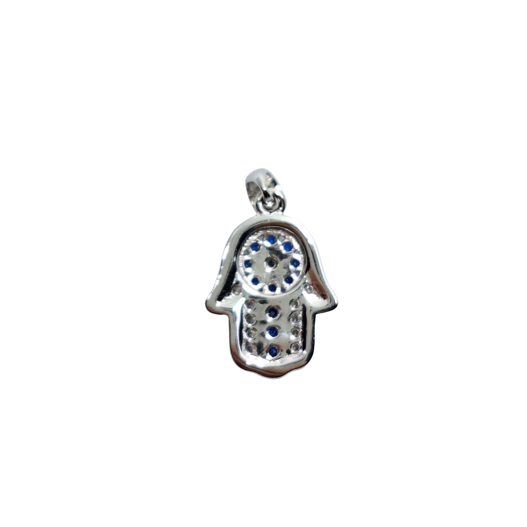 Silver Blue & White Cubic Zirconia Hamsa Hand Pendant