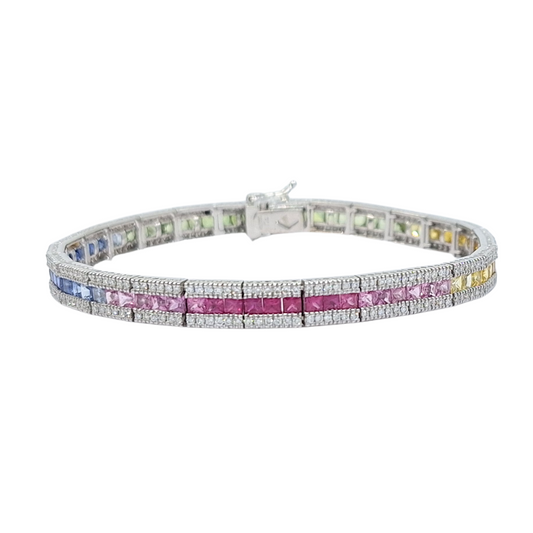 18ct White Gold Rainbow Sapphire & Diamond Bracelet 7.5"