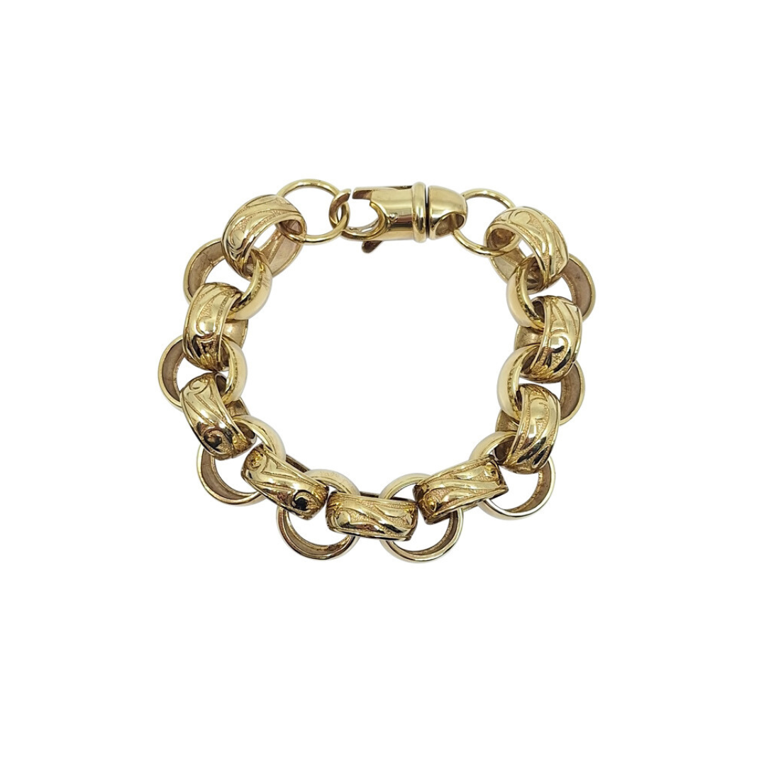 9ct Yellow Gold Pattern & Plain Belcher Bracelet 9"