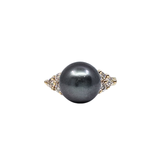 14ct Yellow Gold Black Pearl & Diamond Ring