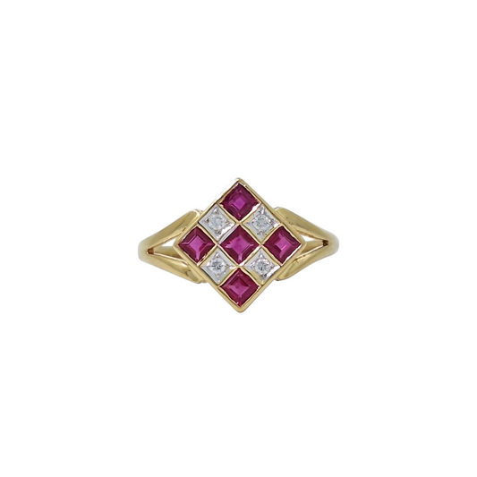 18ct Yellow Gold Synthetic Ruby & Diamond Ring