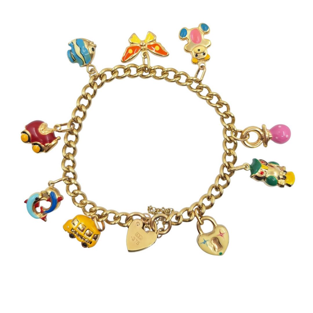 9ct Yellow Gold Charm Bracelet With Enamel Charms 7.25"