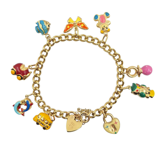 9ct Yellow Gold Charm Bracelet With Enamel Charms 7.25"