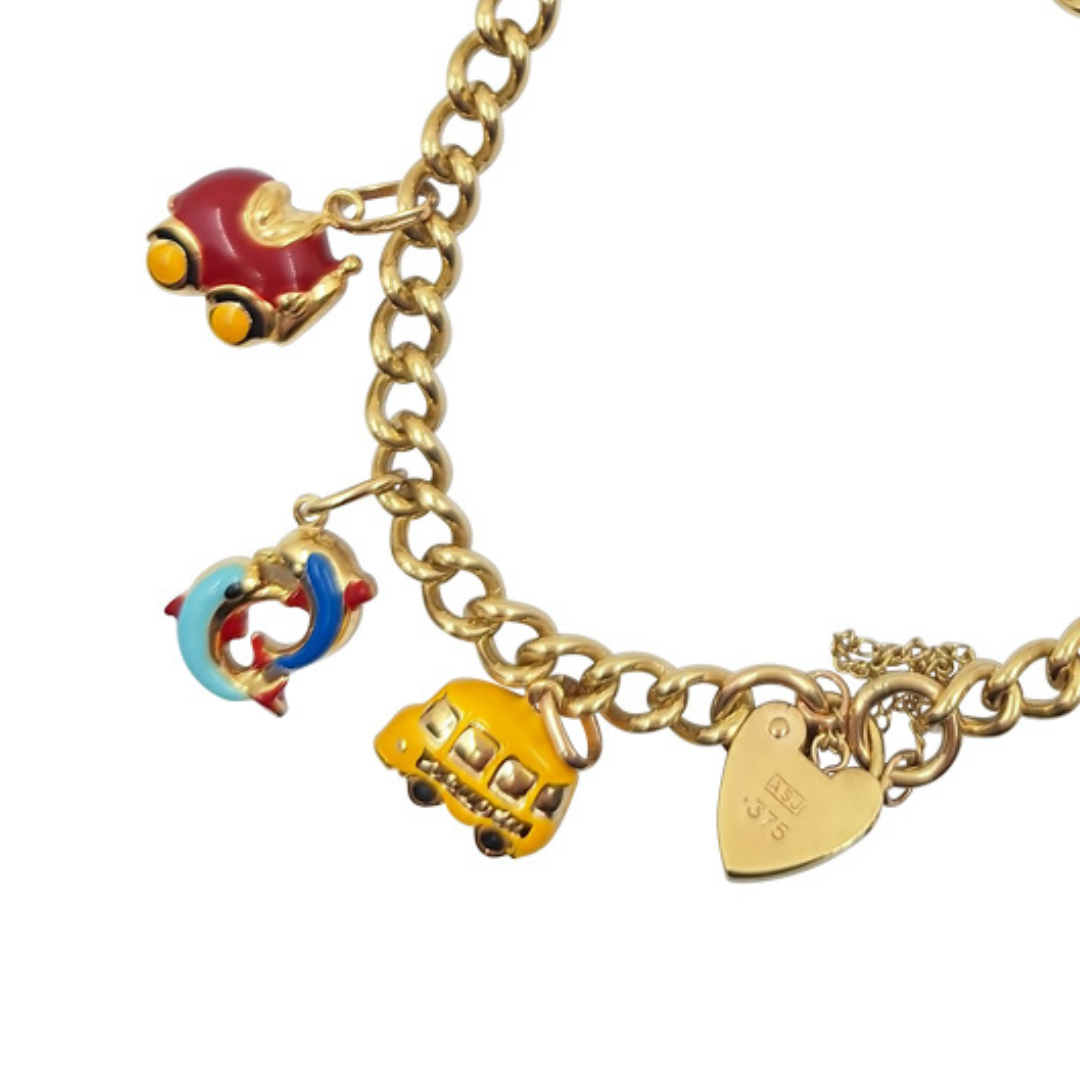 9ct Yellow Gold Charm Bracelet With Enamel Charms 7.25"
