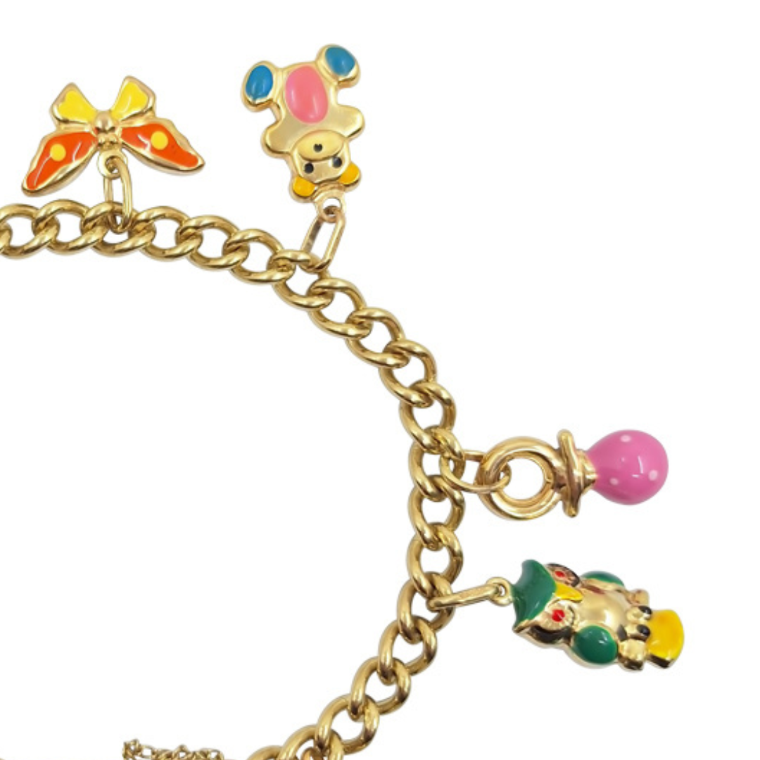 9ct Yellow Gold Charm Bracelet With Enamel Charms 7.25"