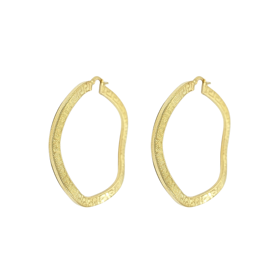 14ct Yellow Gold Greek Key Wave Hoop Earrings
