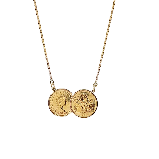9ct Yellow Gold Two Half Sovereign Coin Necklace 1982