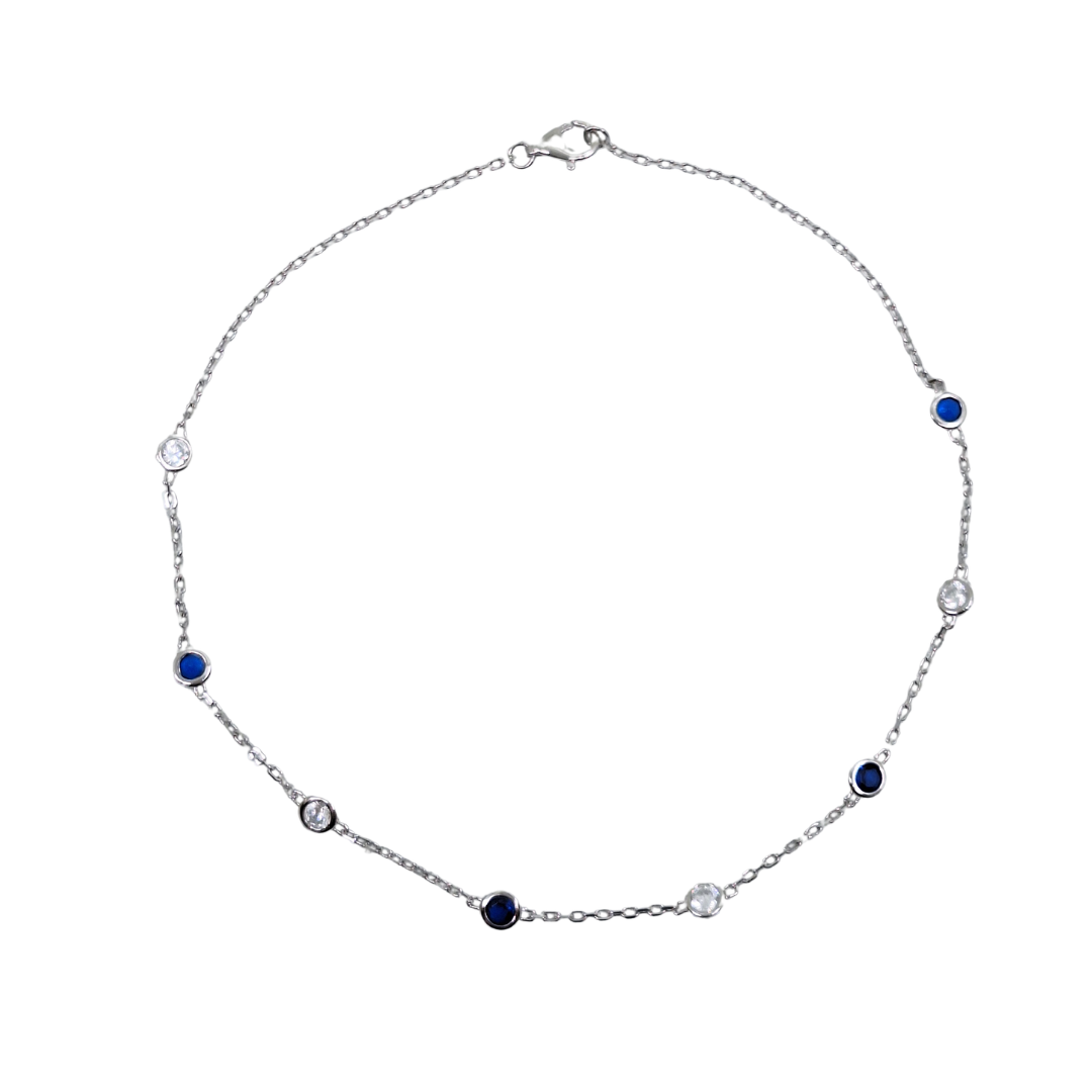 Silver Blue & White Cubic Zirconia Anklet 10"