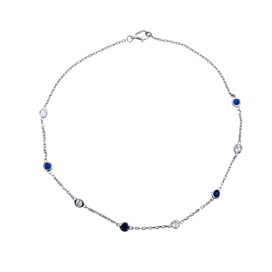 Silver Blue & White Cubic Zirconia Anklet 10"