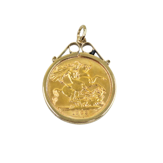 9ct/22ct Yellow Gold Full Sovereign Pendant 1963