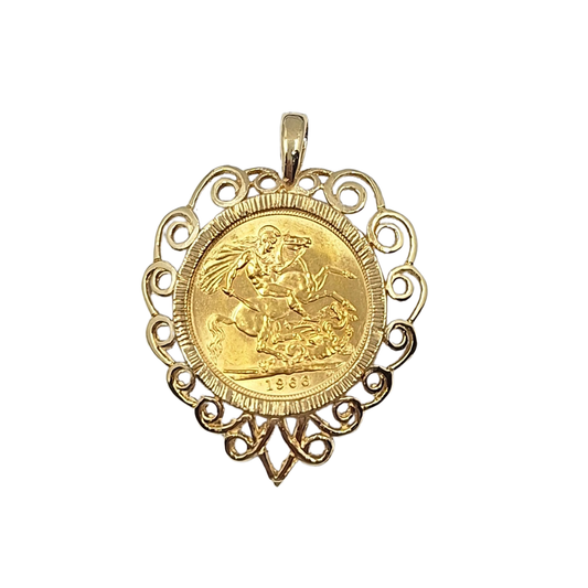 9ct /22ct Yellow Gold Full Sovereign Pendant 1966
