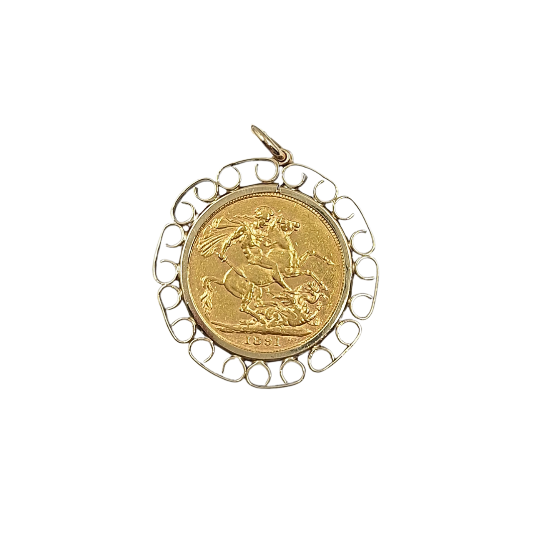 9ct /22ct Yellow Gold Full Sovereign Pendant 1891