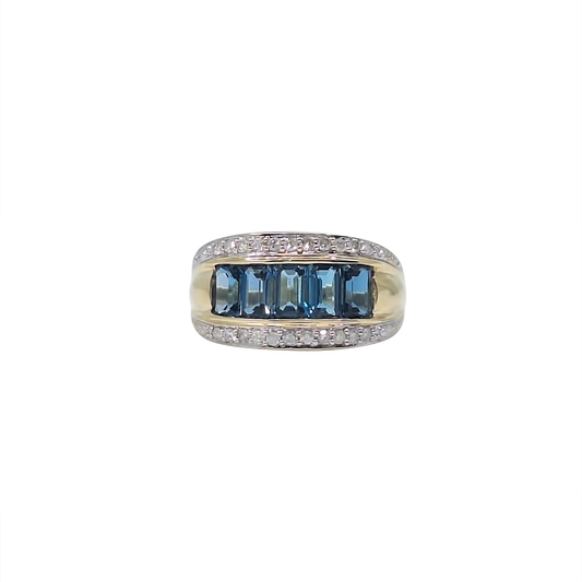 9ct Yellow Gold Blue Topaz & CZ Band Ring