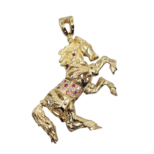 9ct Yellow Gold Pink & White Cubic Zirconia Horse Pendant