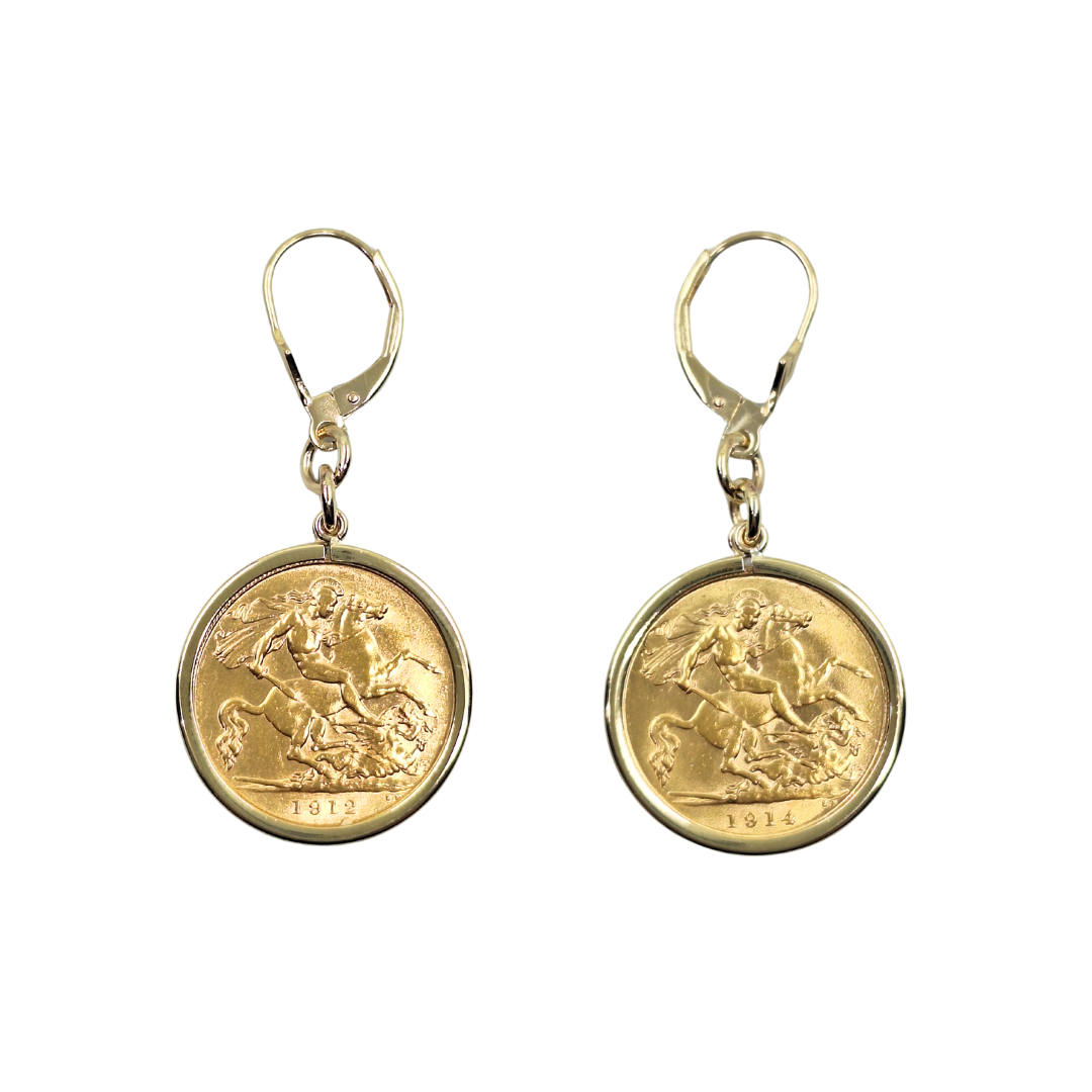 9ct/22ct Yellow Gold Half Sovereign Drop Earrings 1912 1914