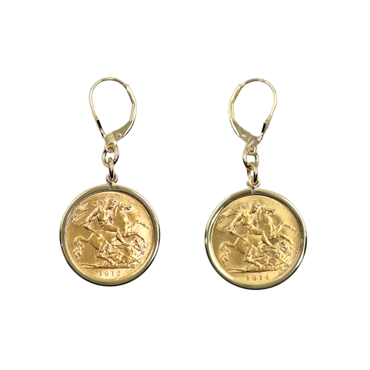 9ct/22ct Yellow Gold Half Sovereign Drop Earrings 1912 1914