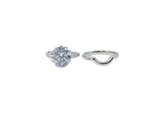 Platinum Cubic Zirconia Engagement Ring & Shaped Wedding Band Set