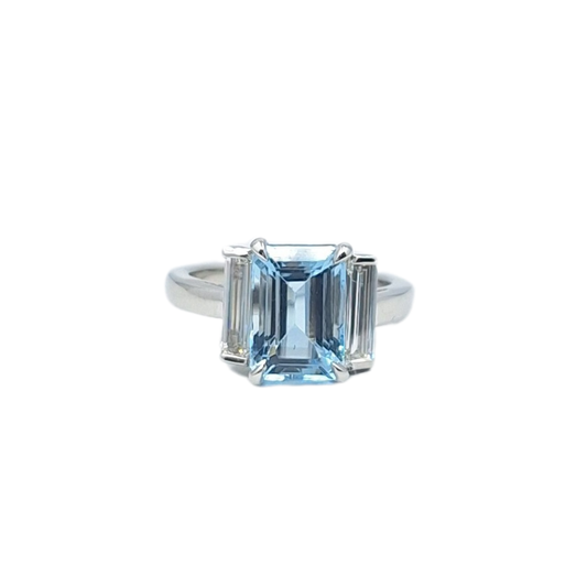 Platinum Aquamarine and Diamond Ring