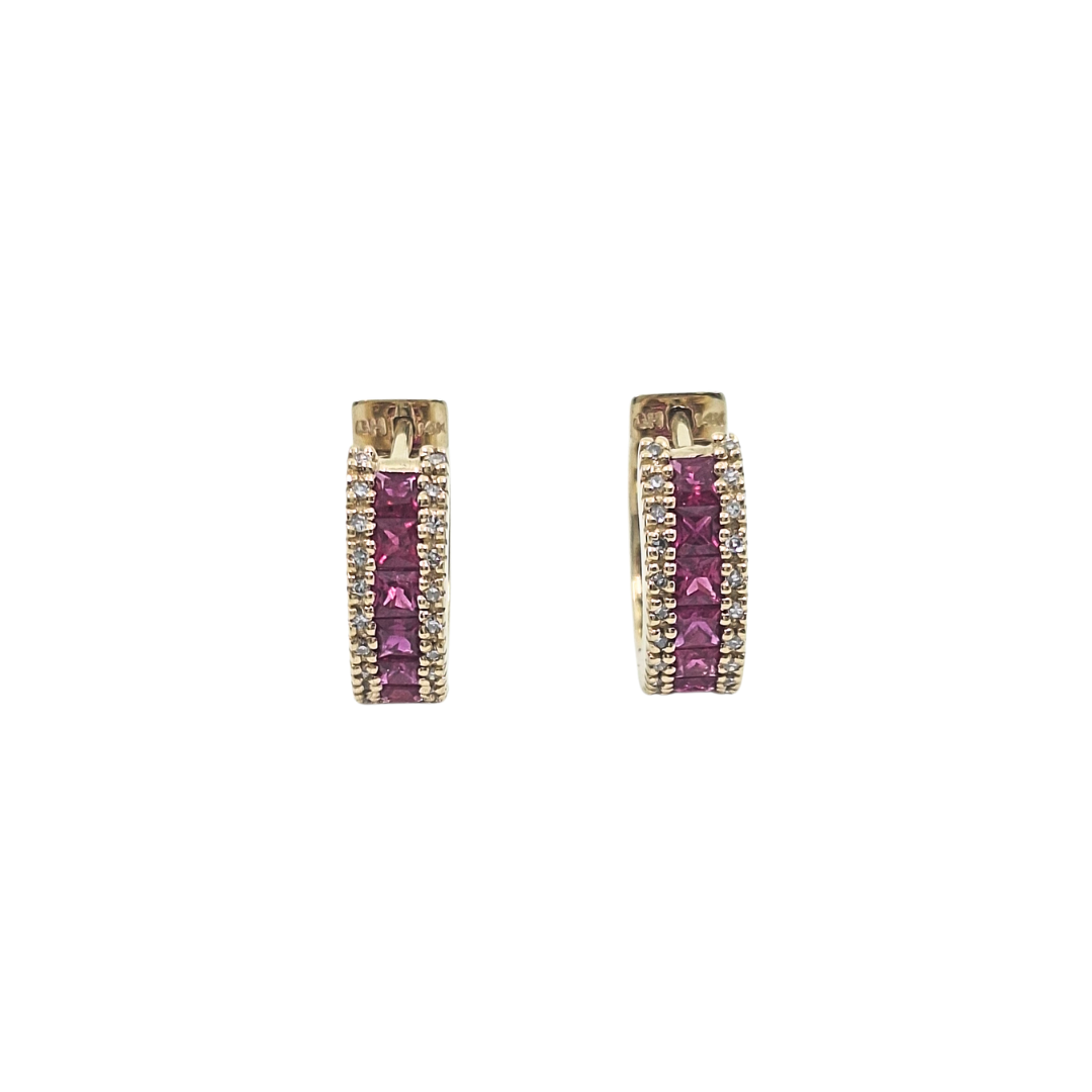14ct Yellow Gold Ruby & Diamond Hoop Earrings