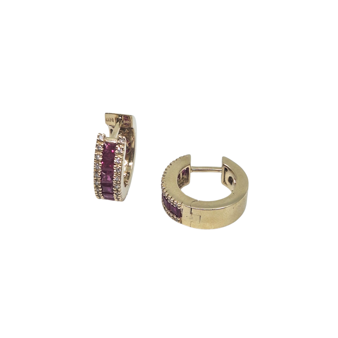 14ct Yellow Gold Ruby & Diamond Hoop Earrings