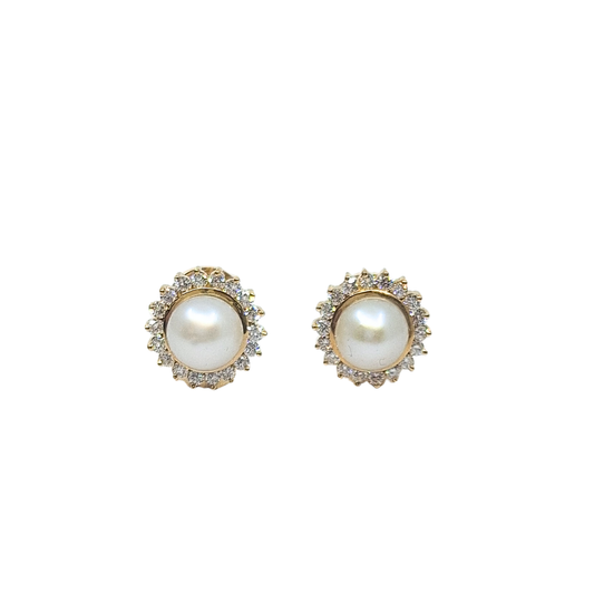 18ct Yellow Gold Pearl & Diamond Halo Earrings