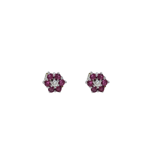 9ct Yellow Gold Ruby & Diamond Flower Studs