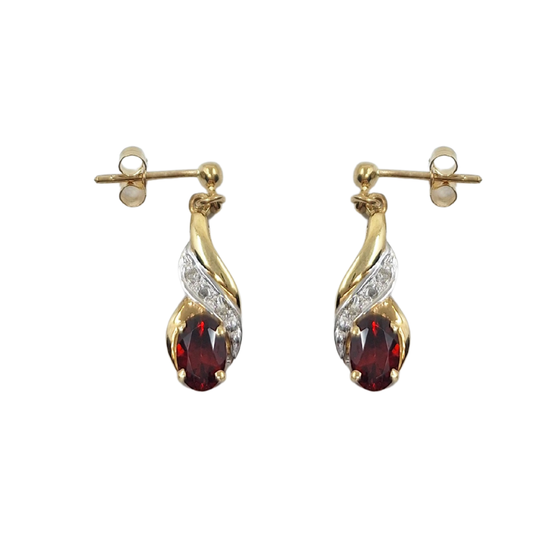 9ct Yellow Gold Garnet & Diamond Drop Earrings