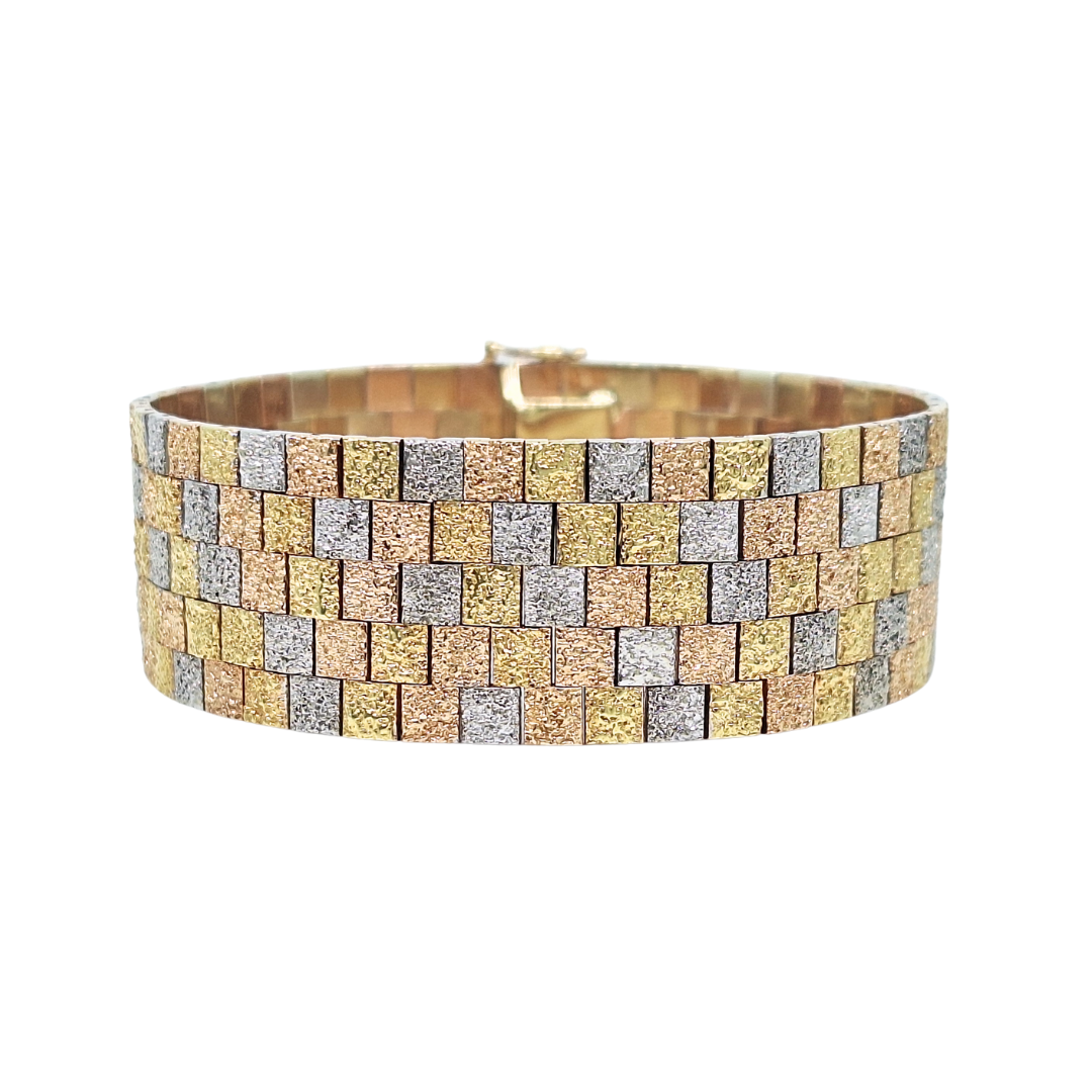 9ct Three Colour Gold Square Link Flat Bracelet 7"