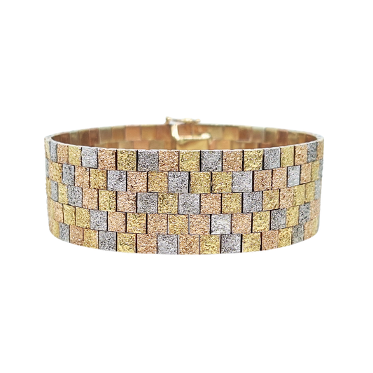 9ct Three Colour Gold Square Link Flat Bracelet 7"