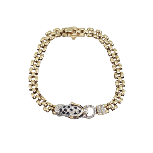 9ct Yellow Gold Sapphire & Diamond Panther Bracelet 7.5"