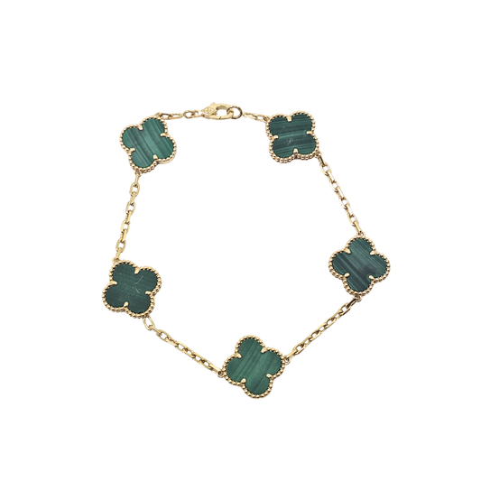 9ct Yellow Gold Malachite Clover Bracelet 7.5"