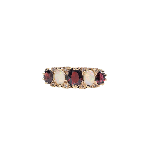 9ct Yellow Gold Garnet & Opal Band Ring