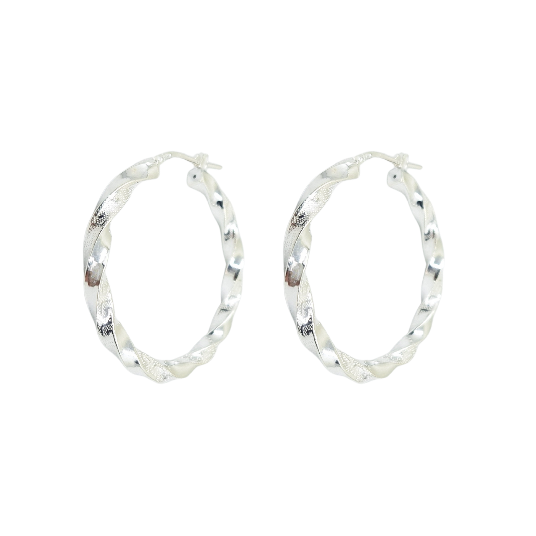 Silver Greek Key Twist Hoop Earrings