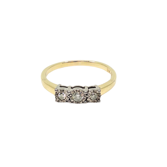 9ct Yellow Gold Diamond Illusion Set Three Stone Ring