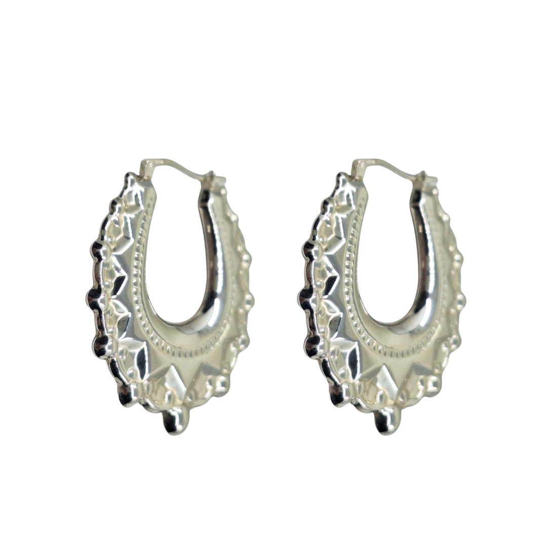 Silver Oval Spike Creole Earrings