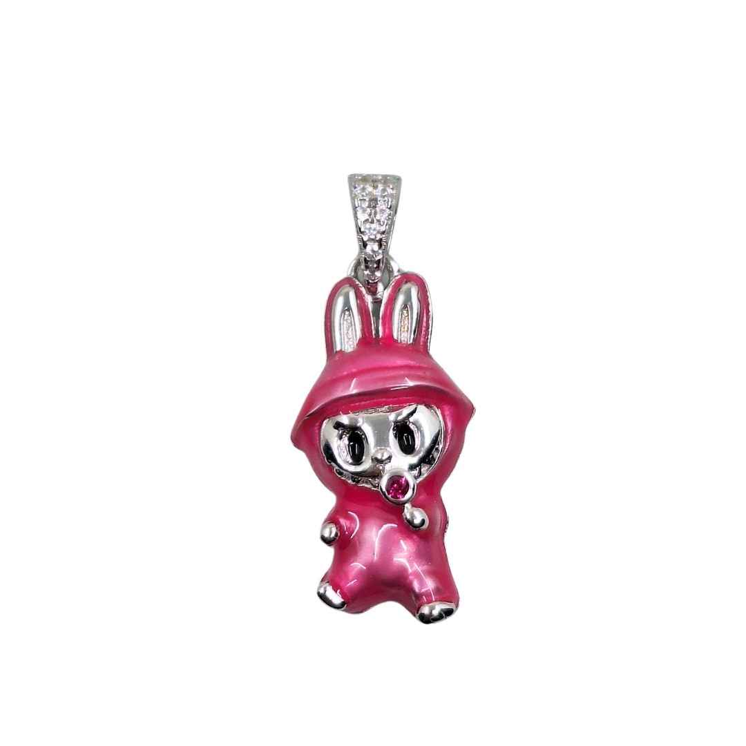 Silver Pink Enamel Cubic Zirconia Monster Pendant