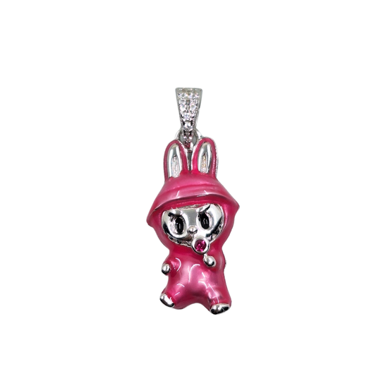 Silver Pink Enamel Cubic Zirconia Monster Pendant