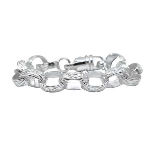 Silver Oval Patterned Belcher Bracelet 9"