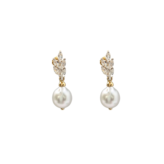 9ct Yellow Gold Pearl & Zircon Drop Earrings