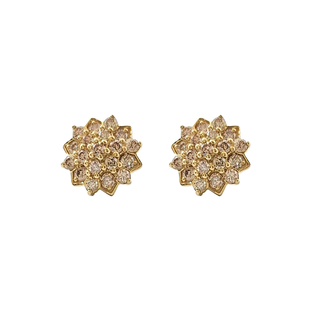 9ct Yellow Gold Champagne Diamond Cluster Earrings 1ct
