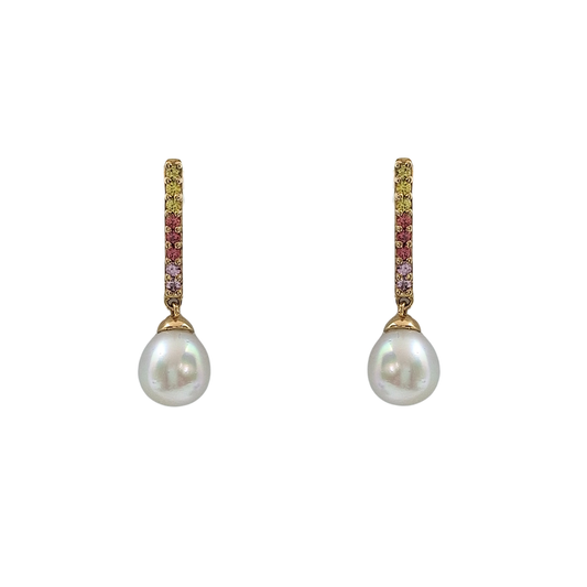 9ct Yellow Gold South Sae Cultured Pearl & Sapphire Drop Earrings