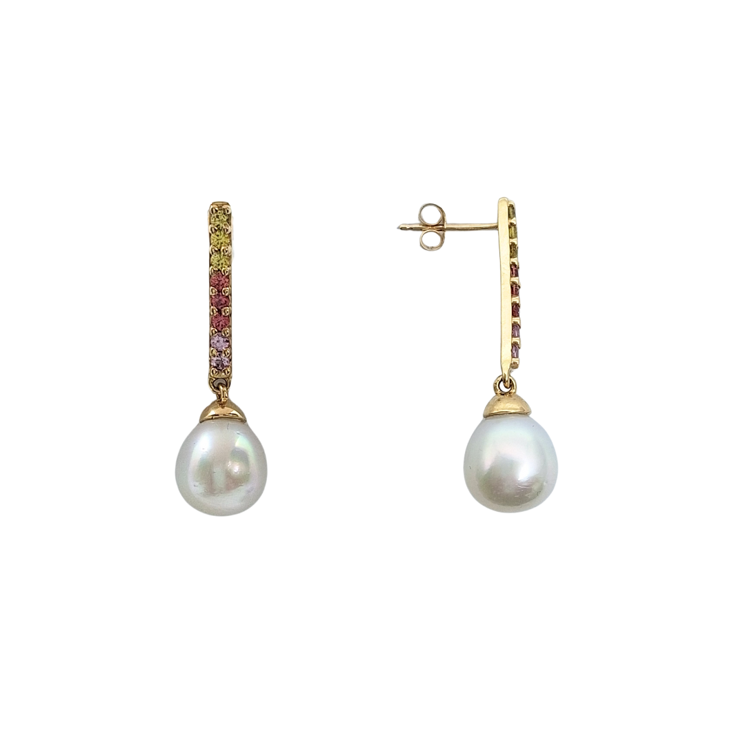 9ct Yellow Gold South Sae Cultured Pearl & Sapphire Drop Earrings