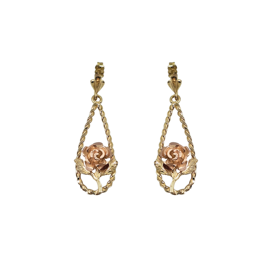 9ct Yellow & Rose Gold Rose Design Drop Earrings