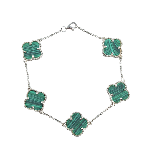 18ct White Gold Malachite Clover Bracelet