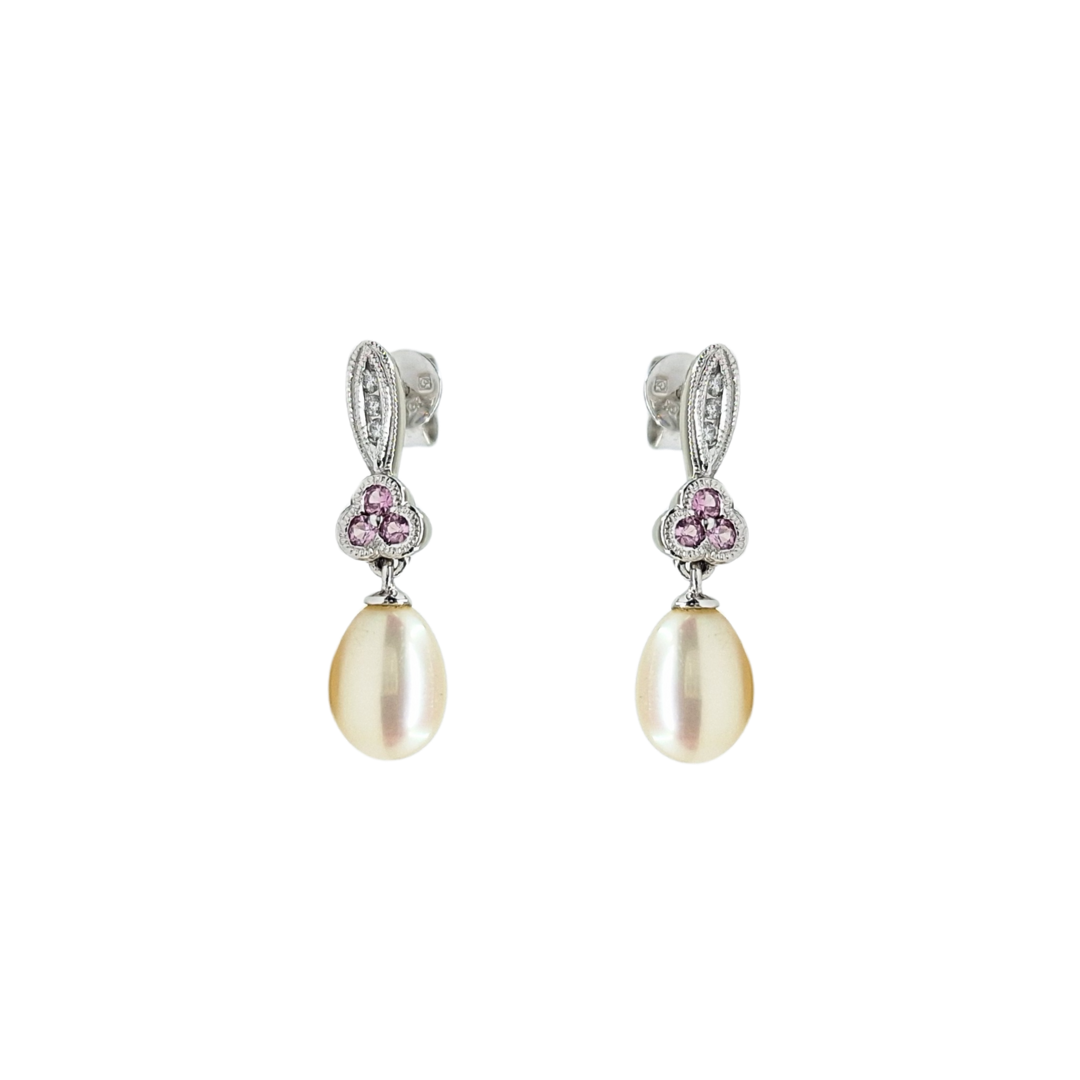 9ct White Gold Pink Sapphire, Diamond & Pearl Drop Earrings
