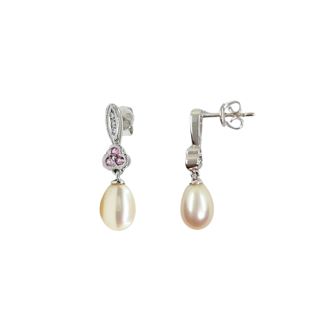 9ct White Gold Pink Sapphire, Diamond & Pearl Drop Earrings